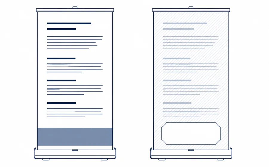 Comparaison de deux supports de stand - l'un reste utilisable, l'autre porte une mention qui le périme