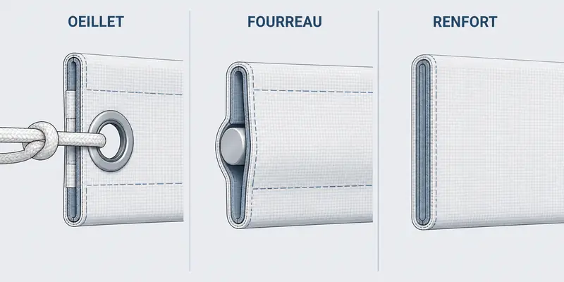 Trois préparations de bord d'une toile vues en coupe - œillet, fourreau et renfort