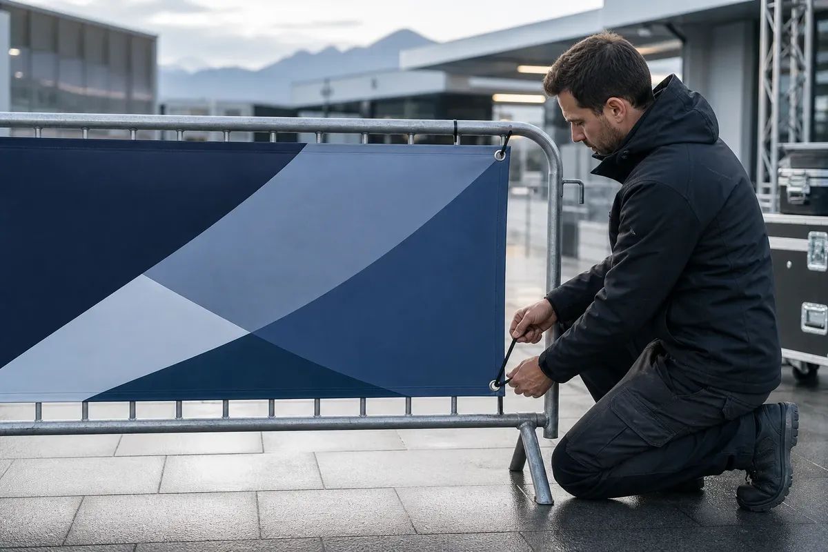 Personne fixant une banderole imprimee sur une barriere en exterieur