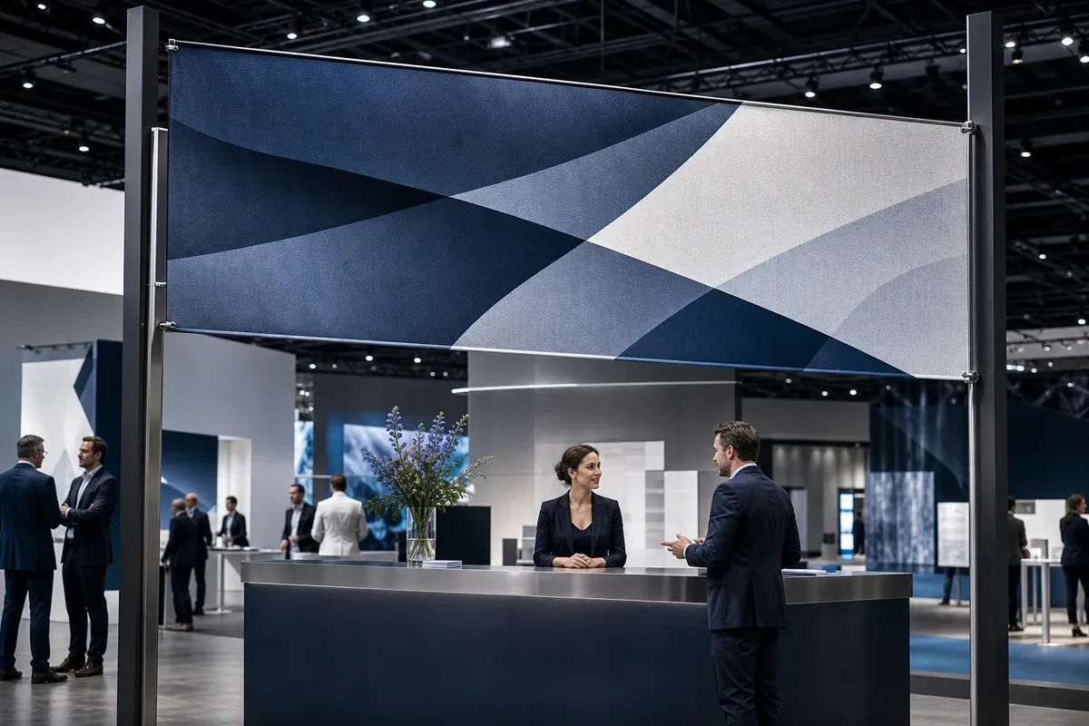 Grande banderole imprimee suspendue au-dessus d'un stand dans un hall d'exposition
