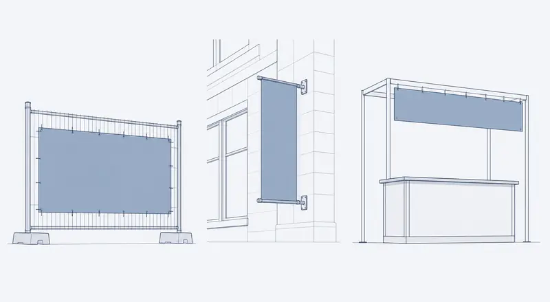 Trois situations de pose d'une banderole - barrière de chantier, façade et bandeau de stand