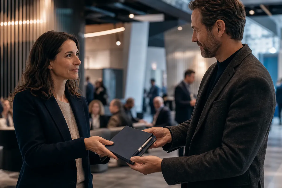 Carnet et stylo remis a un visiteur lors d'un rendez-vous professionnel