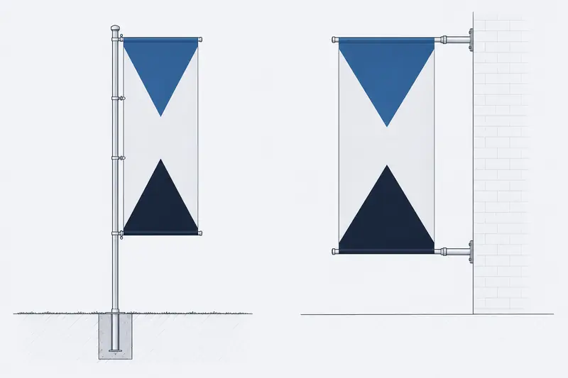 Schéma comparatif de deux montages de drapeau - toile hissée sur mât et toile portée par une potence murale