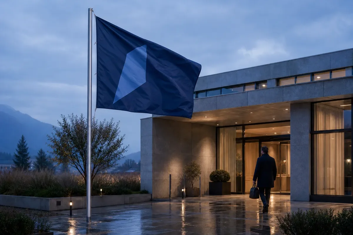 Drapeau publicitaire hisse sur un mat devant un batiment d'entreprise au crepuscule