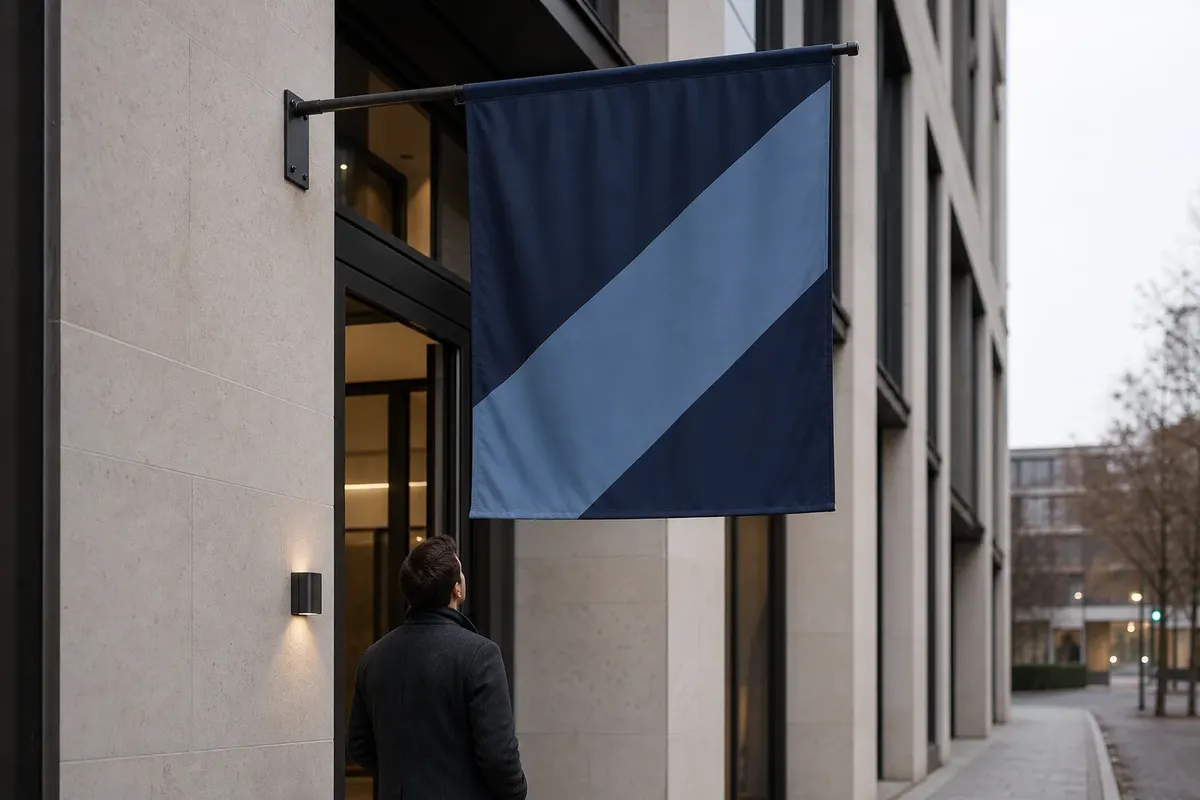 Drapeau monte sur une potence murale le long d'une facade de batiment
