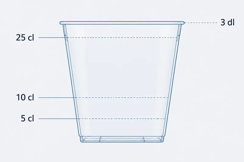 Schéma de la contenance à ras bord et du trait de remplissage - repères 25, 10 et 5 cl sur un verre de 3 dl