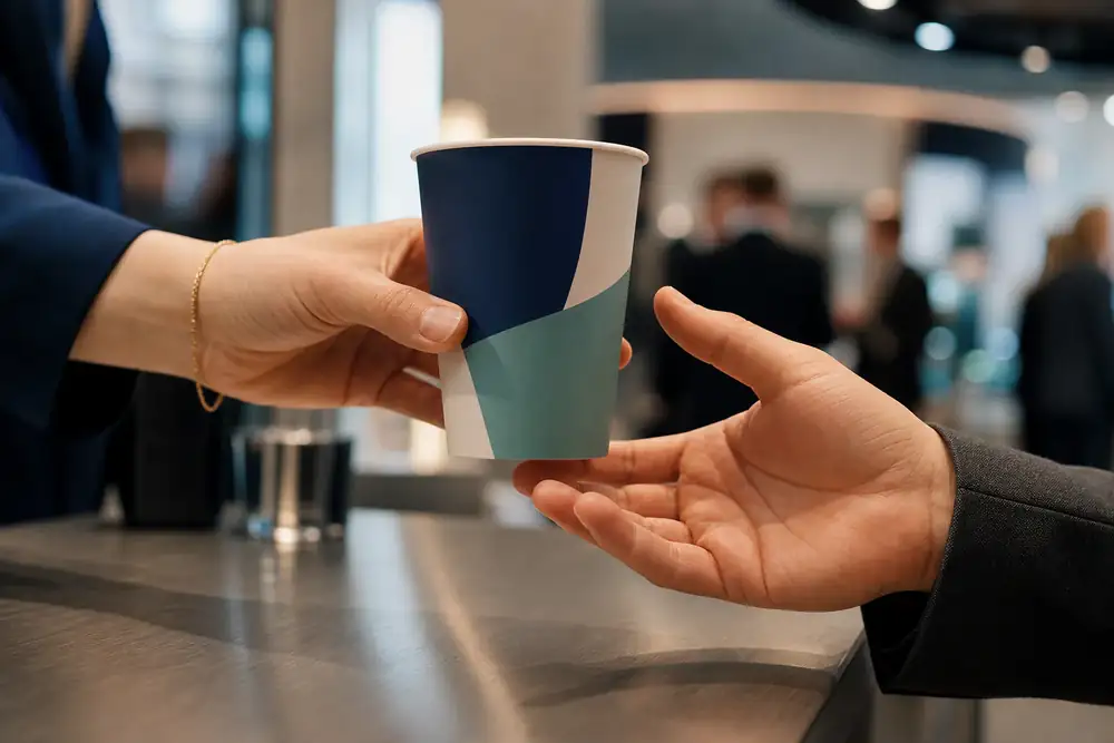 Passage d'un gobelet en papier personnalisé entre deux visiteurs sur un comptoir de salon