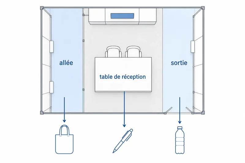 Plan d'un stand avec trois zones de distribution - allée, table et sortie