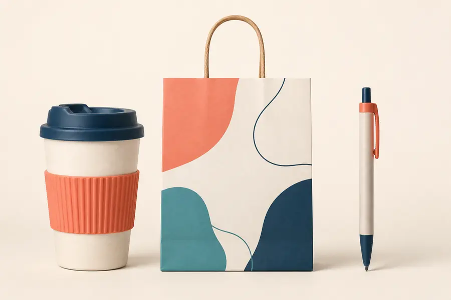 Trois objets publicitaires alignés, gobelet, sac en papier et stylo - illustration des familles distribuées sur un stand