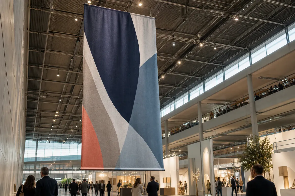 Kakemono imprime suspendu en hauteur dans un hall d'exposition