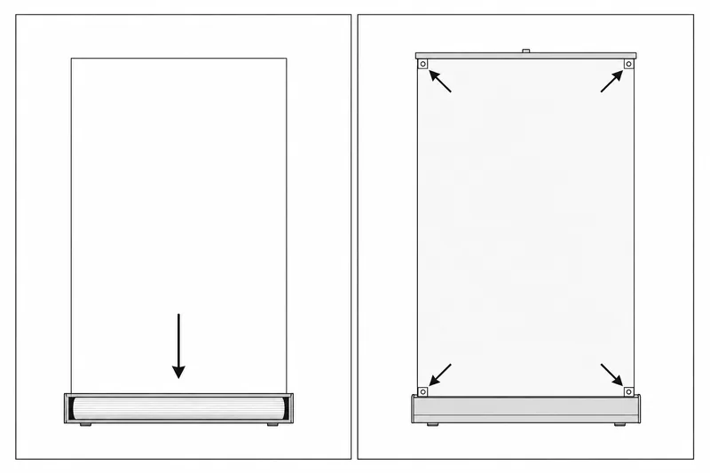 Schéma comparatif - toile enroulée dans un caisson face à une toile tendue entre quatre points