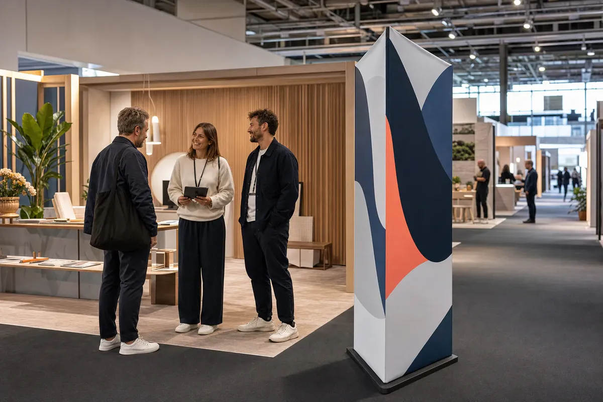 Visiteurs discutant a cote d'un totem imprime sur un stand de salon