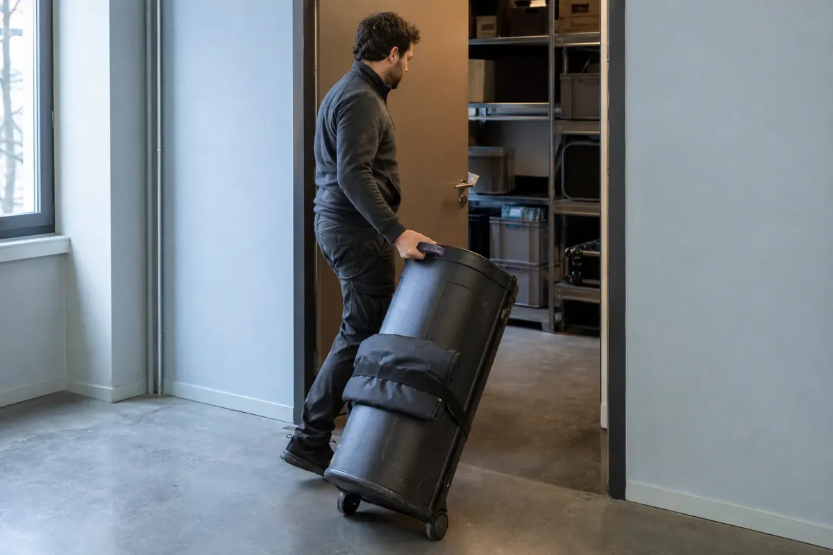 Personne transportant du materiel de stand dans une housse a travers une porte