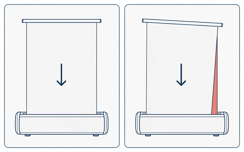 Comparatif d'une toile de roll up qui rentre droite et d'une toile qui s'engage de biais dans la fente du caisson