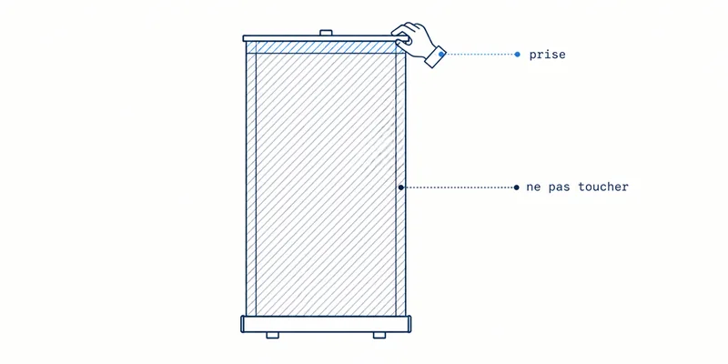 Zones de prise d'un roll up - la barre de tête se saisit, la face imprimée ne se touche pas