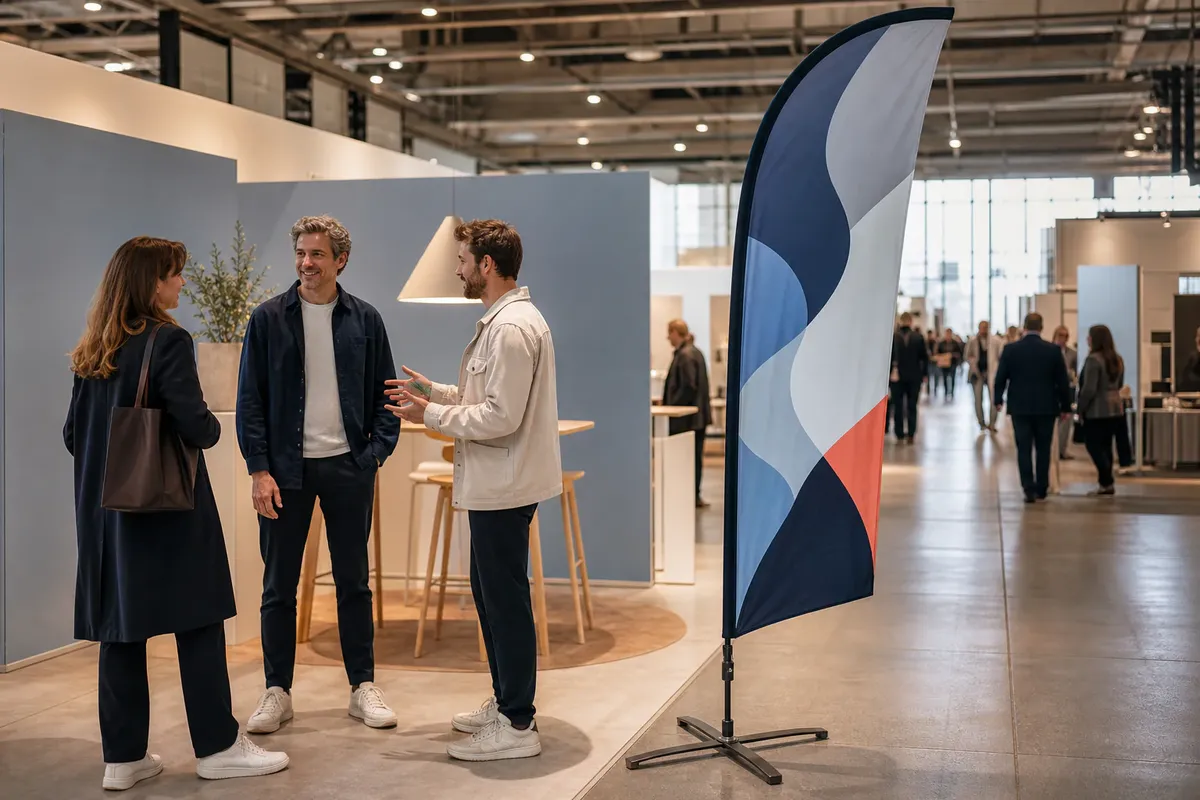 Oriflamme installee a cote d'un stand a l'interieur d'un salon