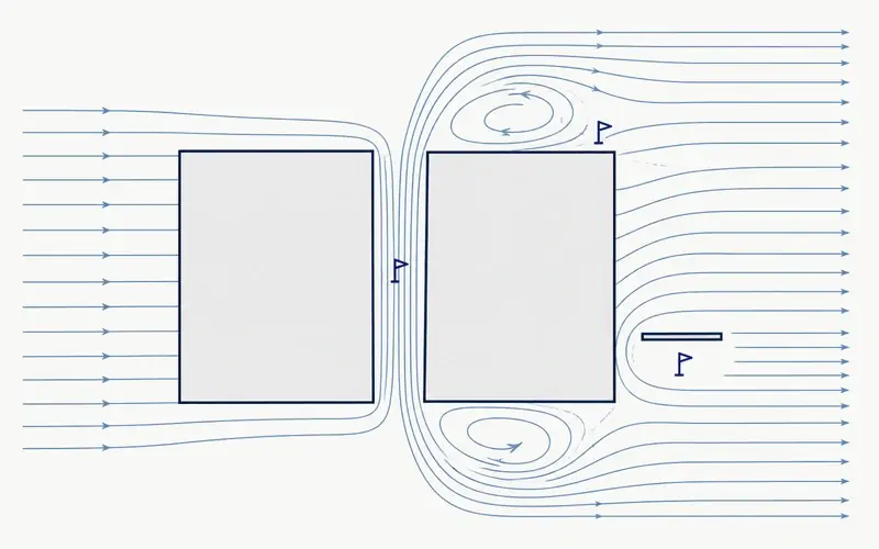 Vue en plan de deux halls et de l'ecoulement du vent - passage resserre, tourbillons a l'angle, zone abritee en retrait