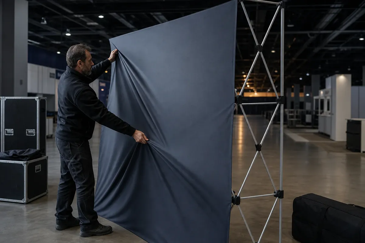 Technicien tendant une toile imprimee sur une structure tubulaire de photocall