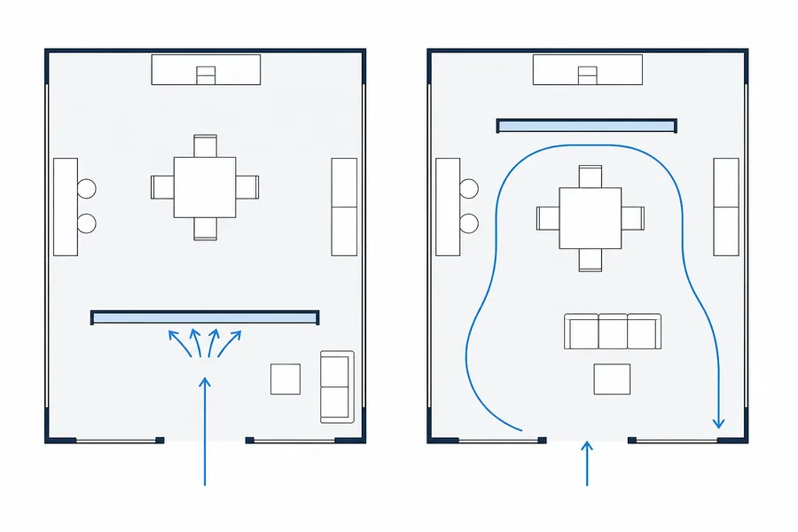 Plan de stand comparant deux emplacements de mur d'image, à l'entrée et derrière la zone de rendez-vous