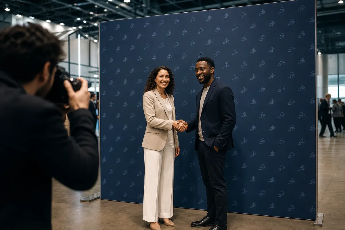 Deux invites photographies devant un mur d'image imprime lors d'un evenement