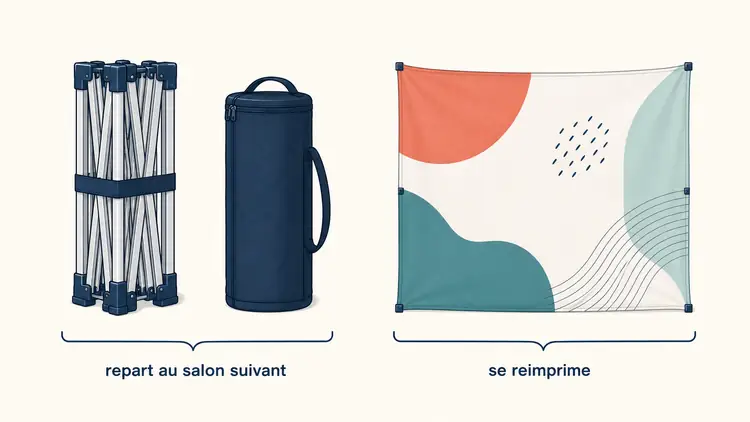 Vue éclatée d'un photocall, structure pliante et sac d'un côté, toile imprimée de l'autre