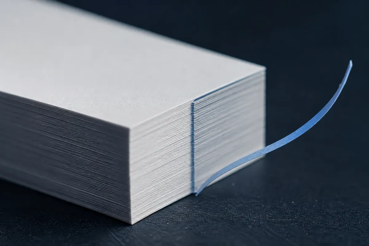 Pile de feuilles imprimees alignees sur un plan de travail d'atelier