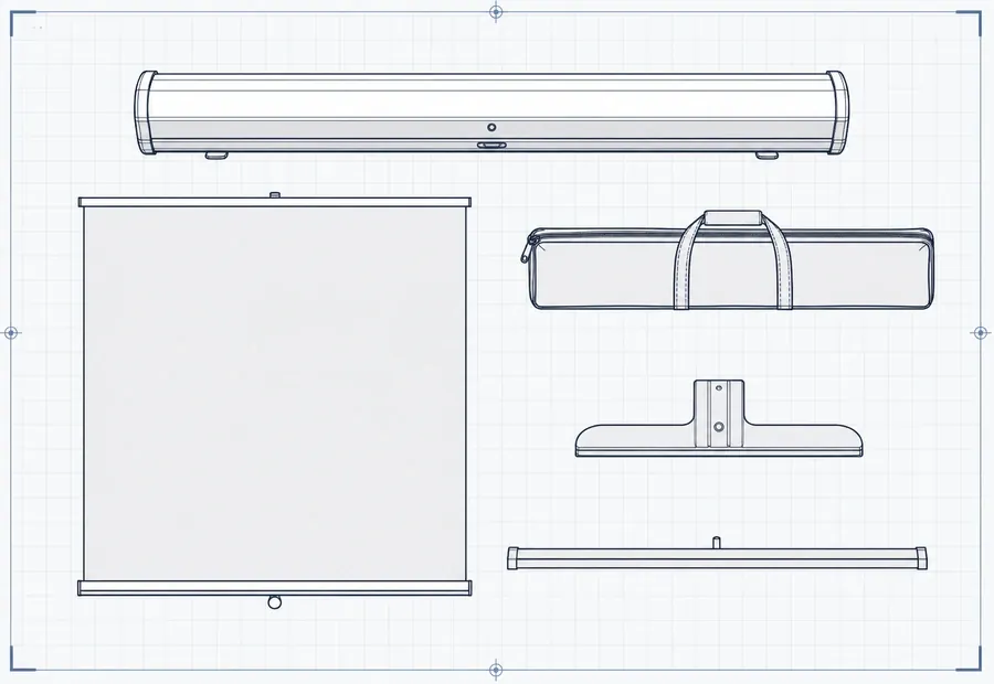 Vue éclatée du contenu d'un colis de roll up - caisson, toile, housse, pied et barre de tension