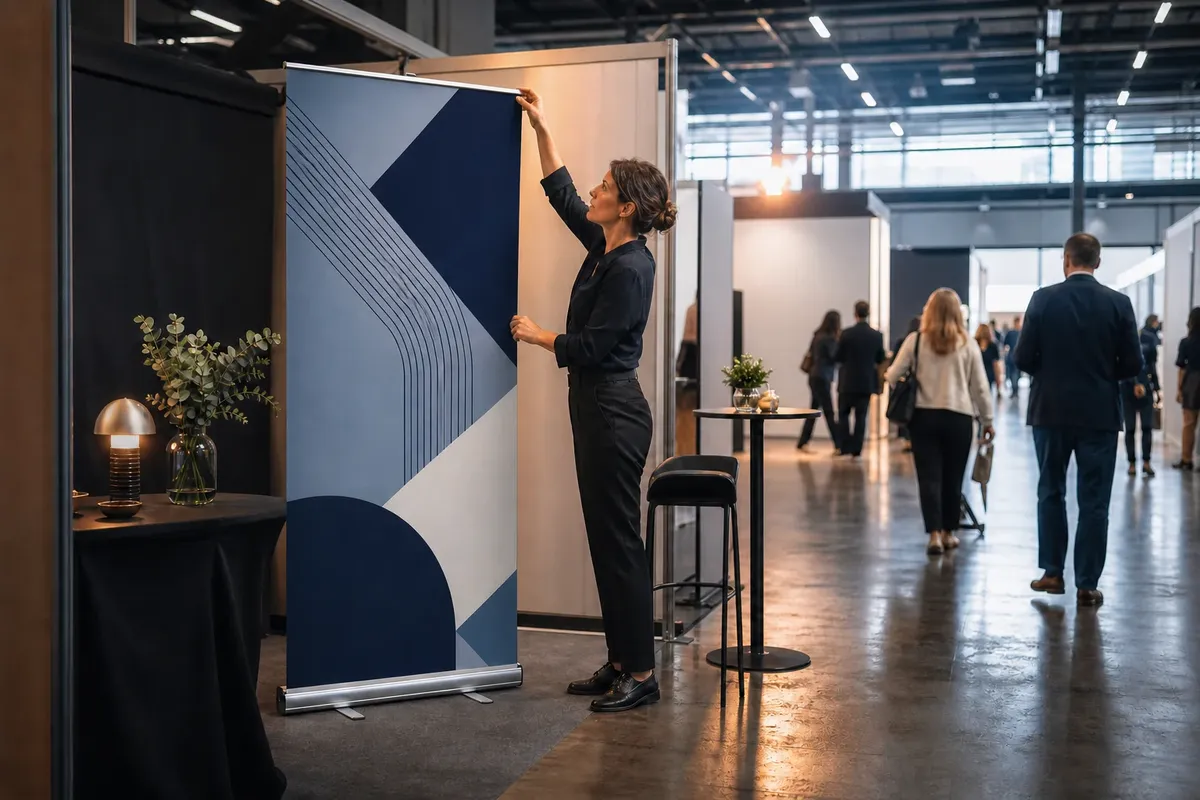 Personne deployant un roll up imprime dans un hall d'accueil