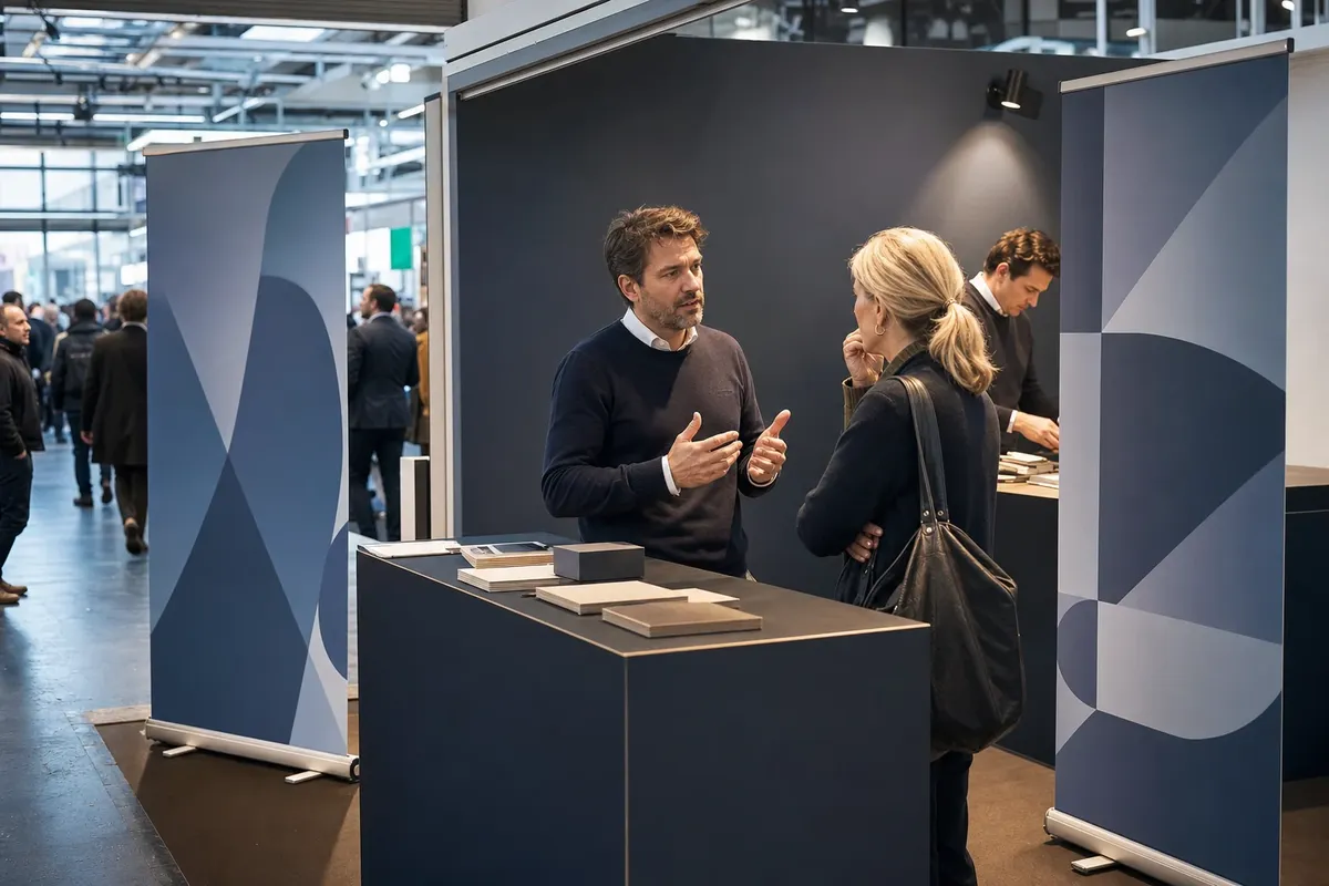 Roll up imprimes alignes sur un stand d'exposition frequente par des visiteurs