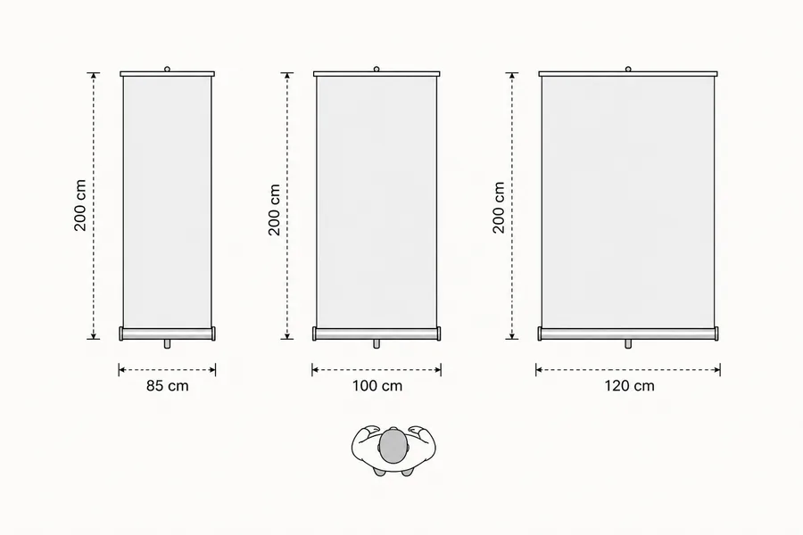 Comparatif de largeurs de roll up, 85, 100 et 120 cm à l'échelle