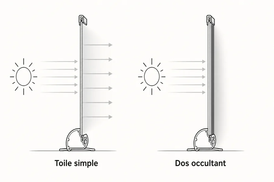Coupe comparée d'une toile simple et d'une toile à dos occultant éclairées par l'arrière