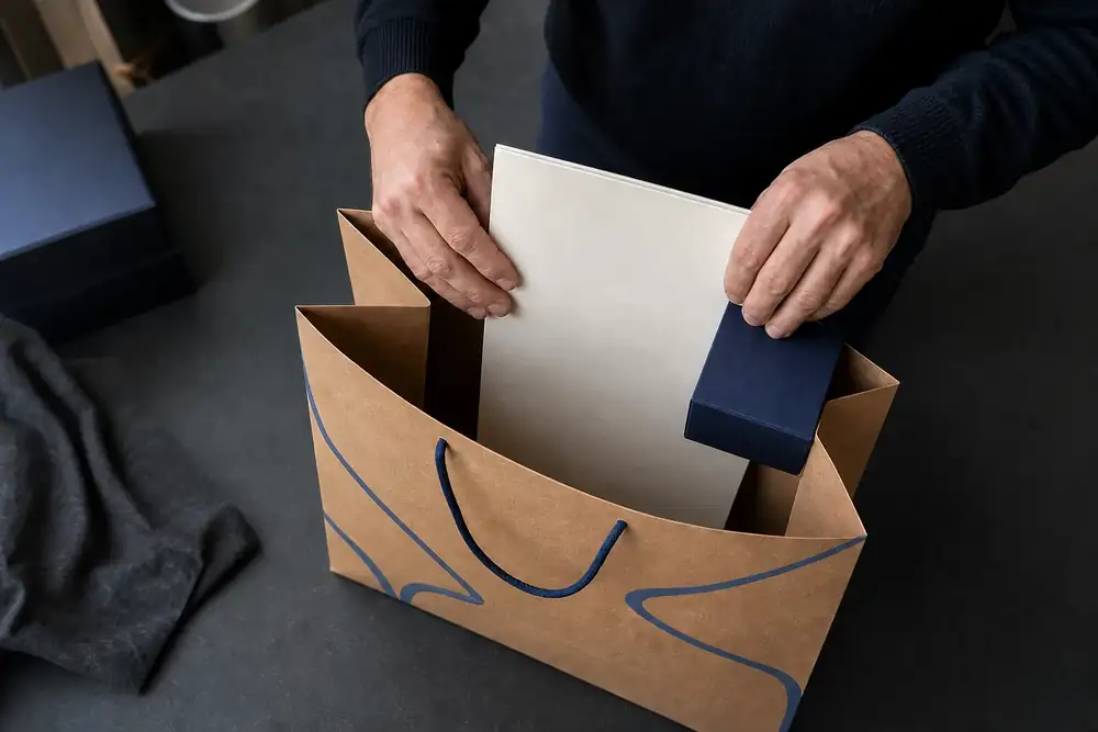 Deux mains placent une brochure A4 et une petite boîte dans un sac papier kraft à fond large