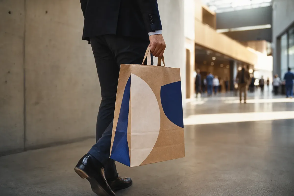 Sac en papier kraft personnalise porte a la main dans un hall