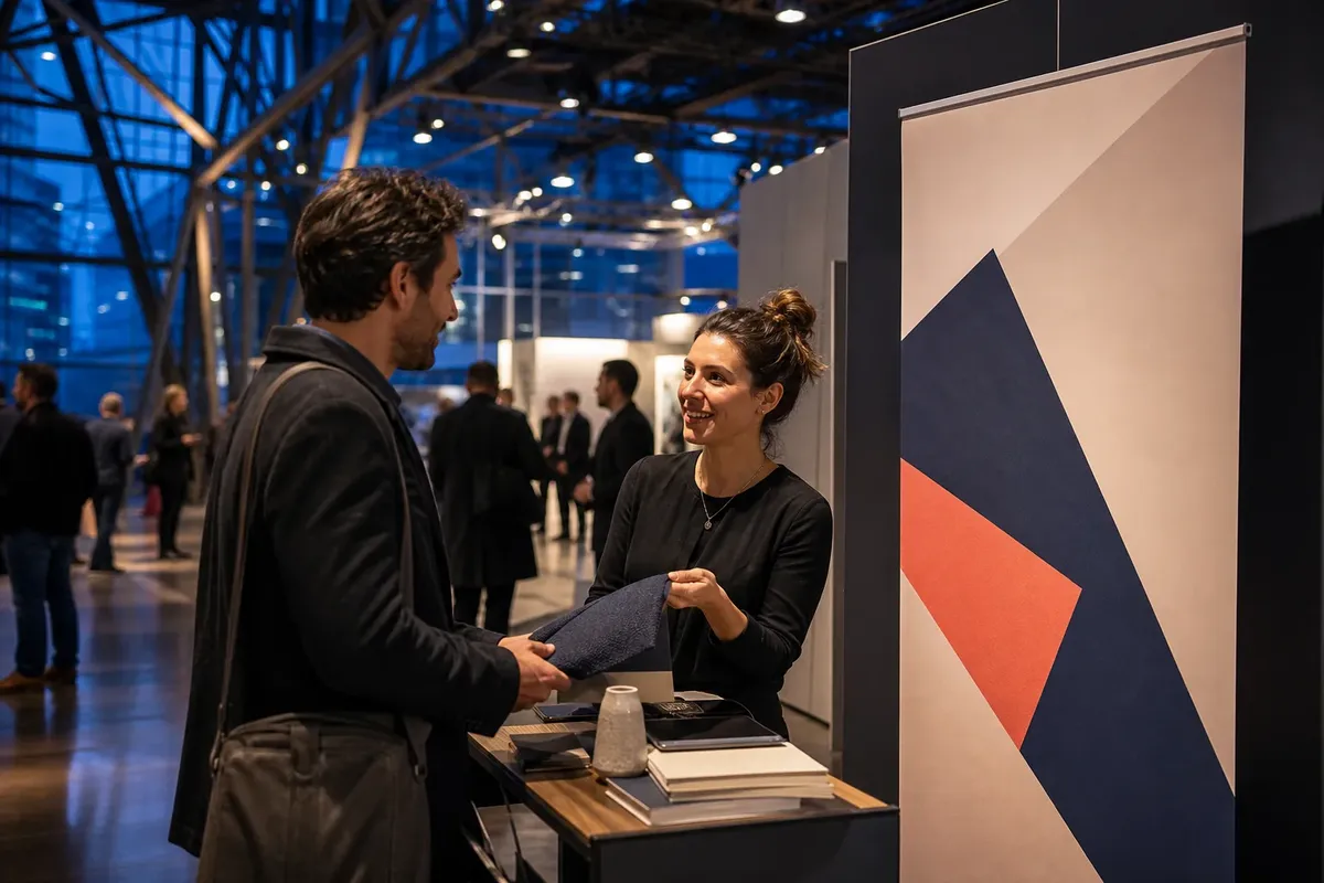Exposant accueillant deux visiteurs sur un stand de salon equipe de panneaux imprimes