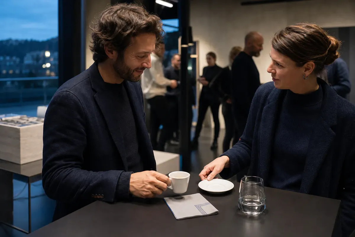 Deux personnes en rendez-vous autour d'une table equipee de sets imprimes