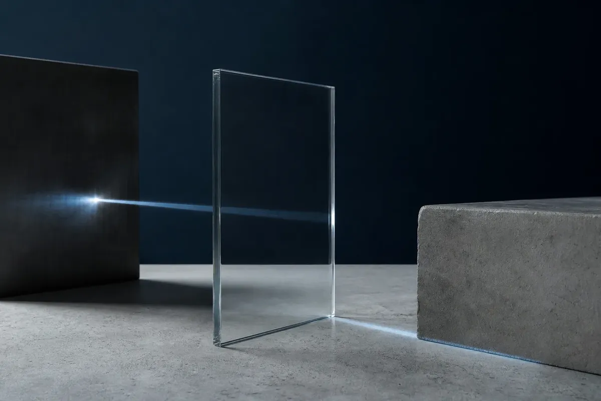 Faisceau de lumiere traversant une plaque de verre transparente posee sur du beton