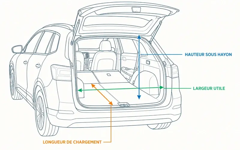 Schéma des trois cotes à mesurer dans un coffre de voiture - longueur, largeur utile et hauteur sous hayon