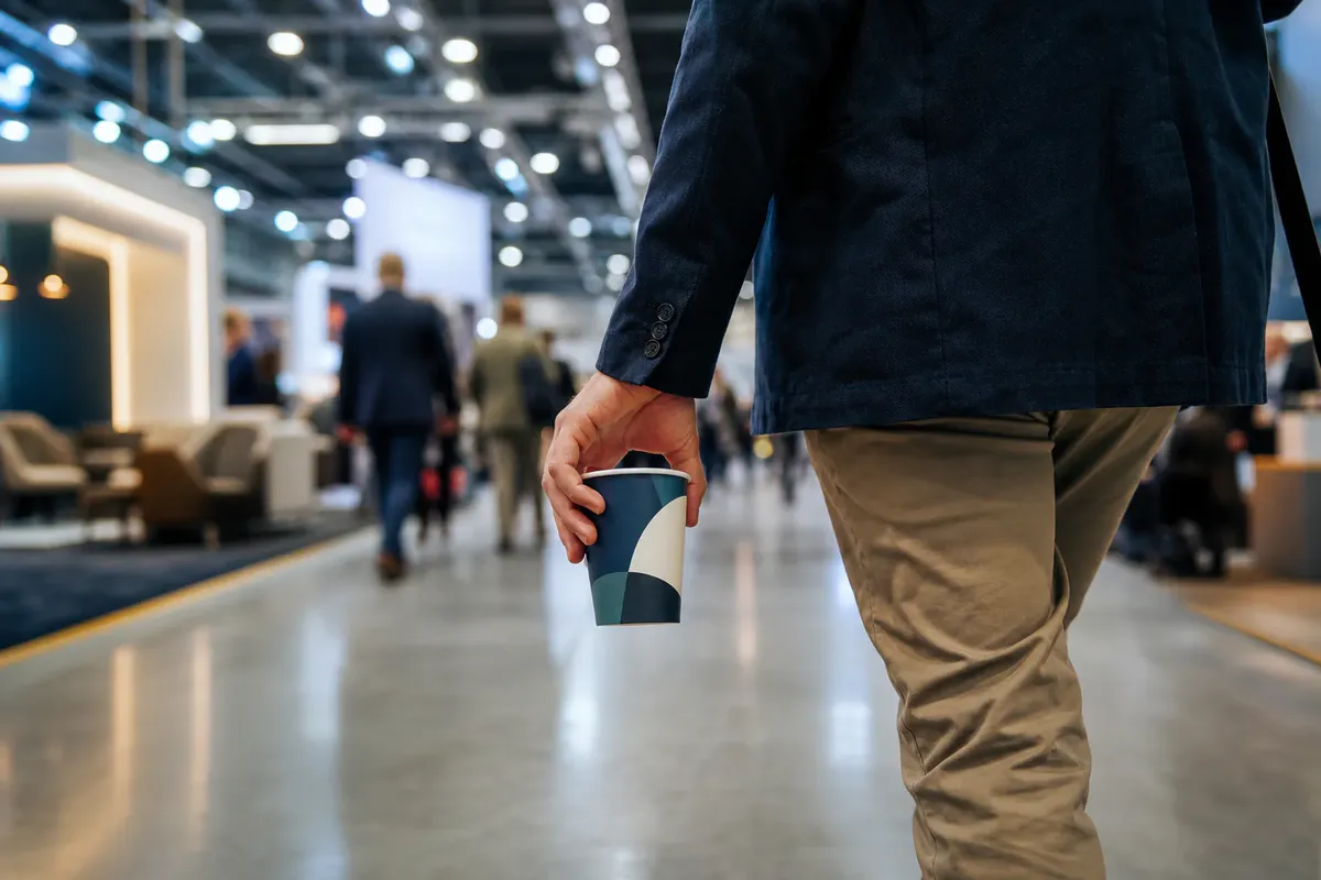 Visiteur tenant un gobelet personnalise dans l'allee d'un salon