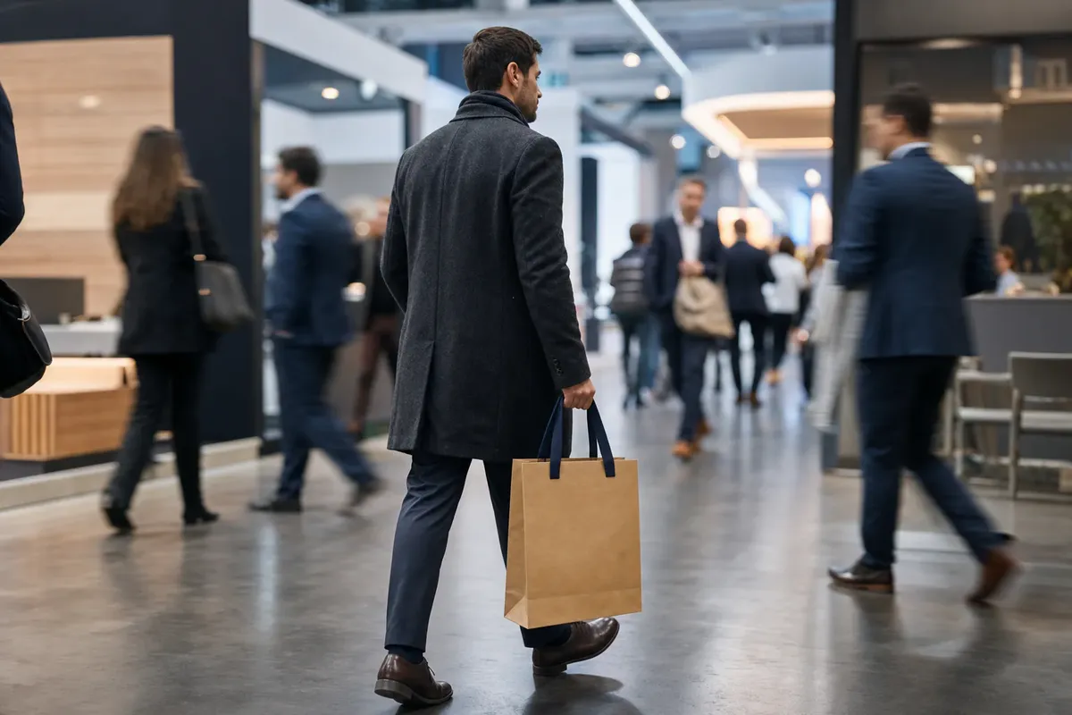 Visiteur traversant l'allee d'un salon avec un sac papier a la main