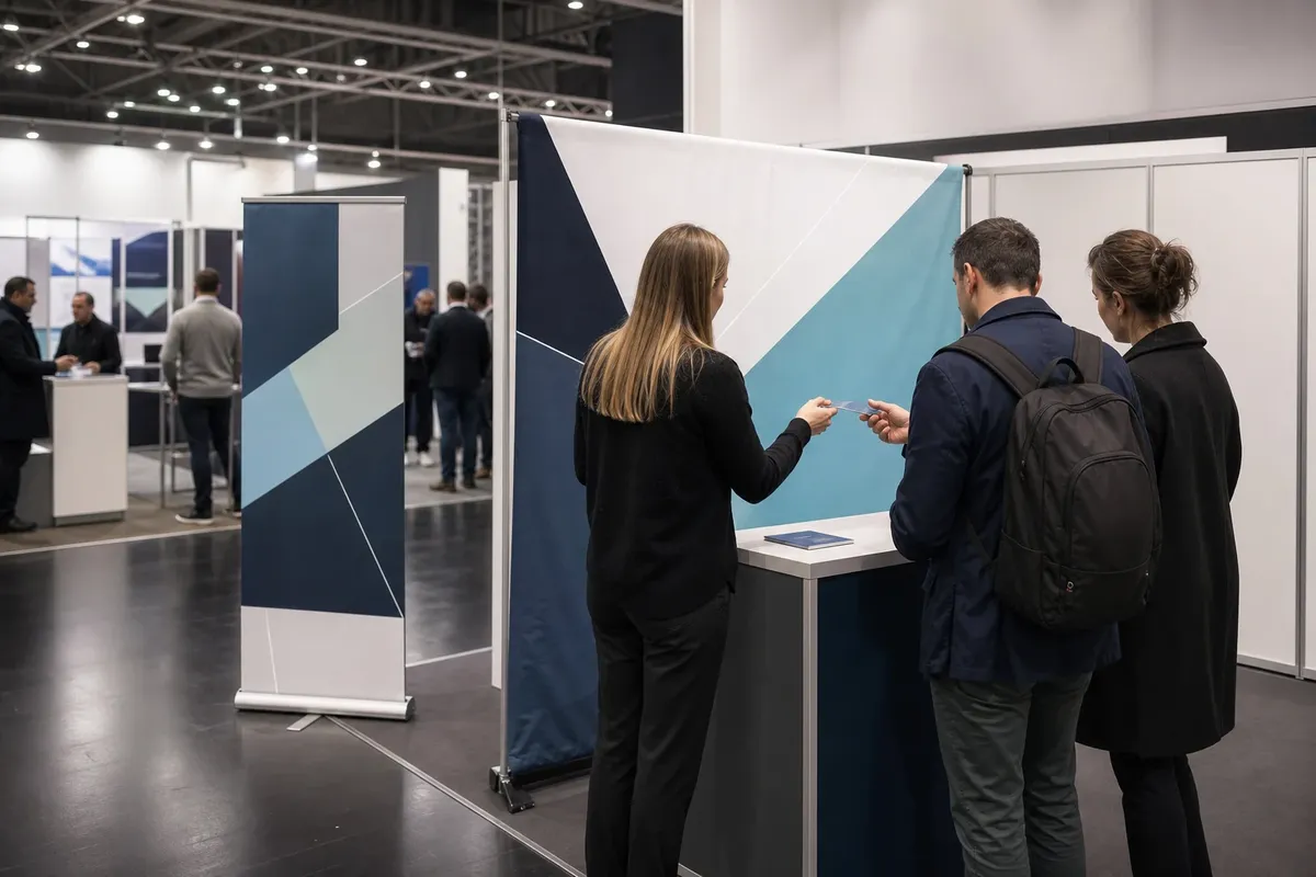 Groupe de visiteurs devant un stand modulaire habille de panneaux imprimes